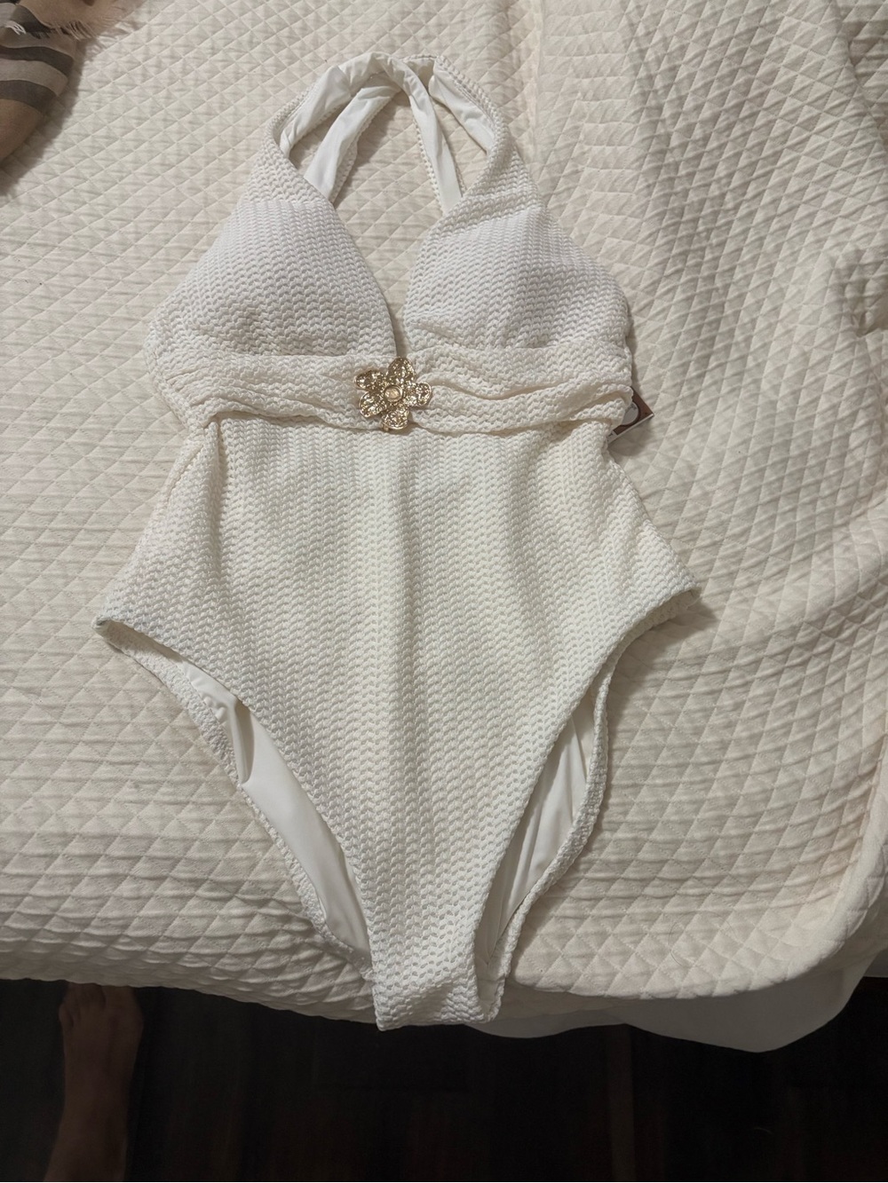 White Halter One-Piece Swimsuit with Decorative Accent - sunshine 79